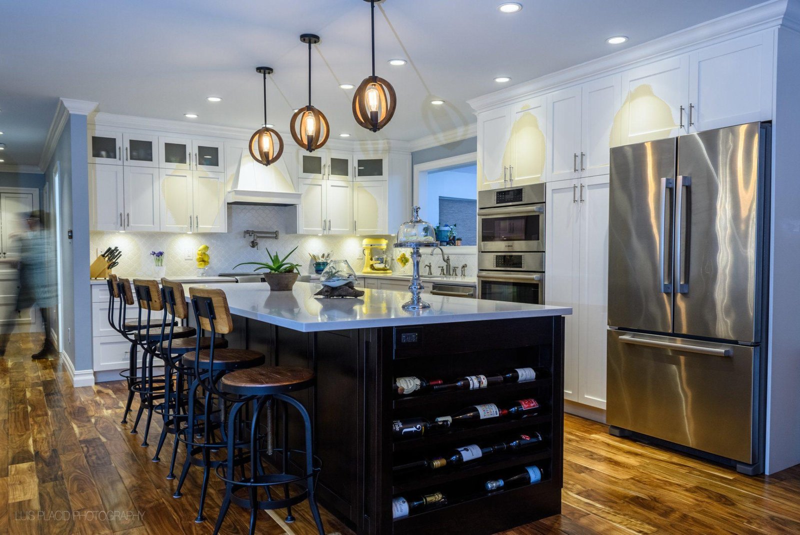 Custom Kitchen Cabinet Design Vancouver Custom modern kitchen cabinets with dark wood island and white perimeter cabinetry in a Vancouver home.