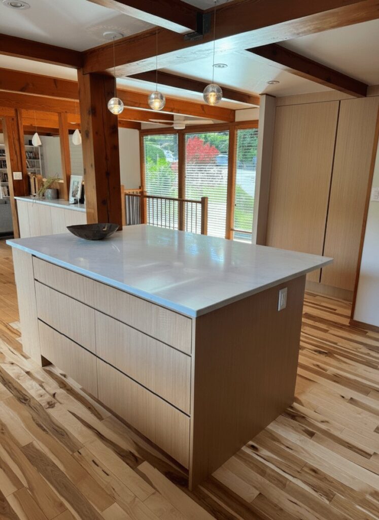 White oak island with Carrara Royale quartz top and hidden cabinets under exposed timber beams, Deep Cove kitchen renovation in North Vancouver