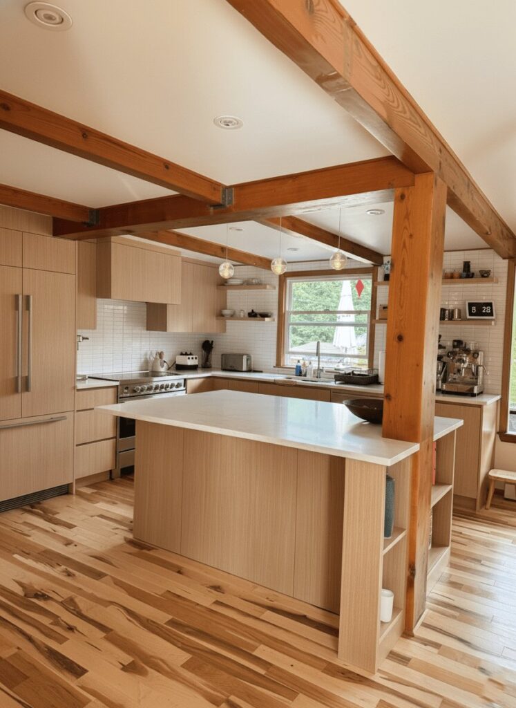 Rift-cut white oak handleless kitchen with quartz island and open cookbook cabinet beneath exposed beams, Deep Cove kitchen renovation in North Vancouver