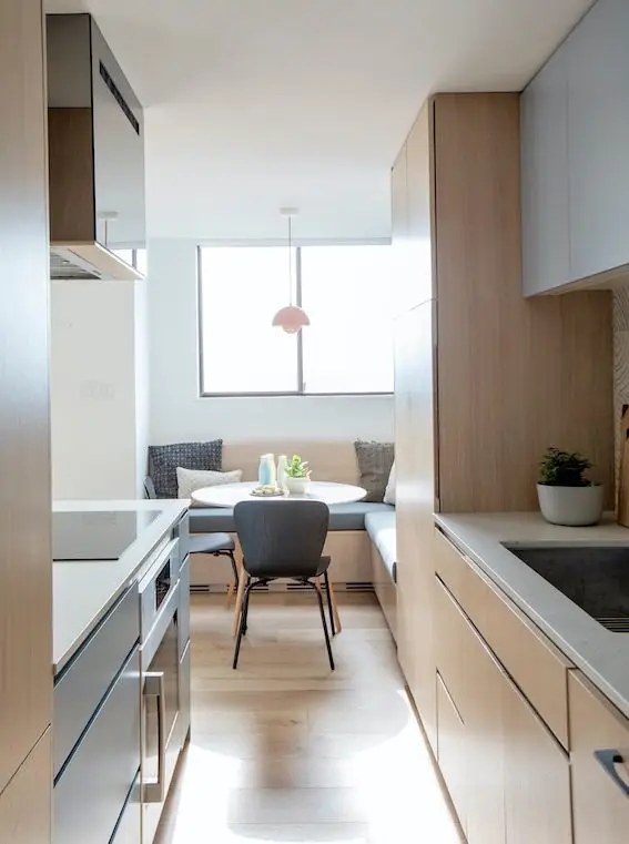 Modern kitchen with dining area.