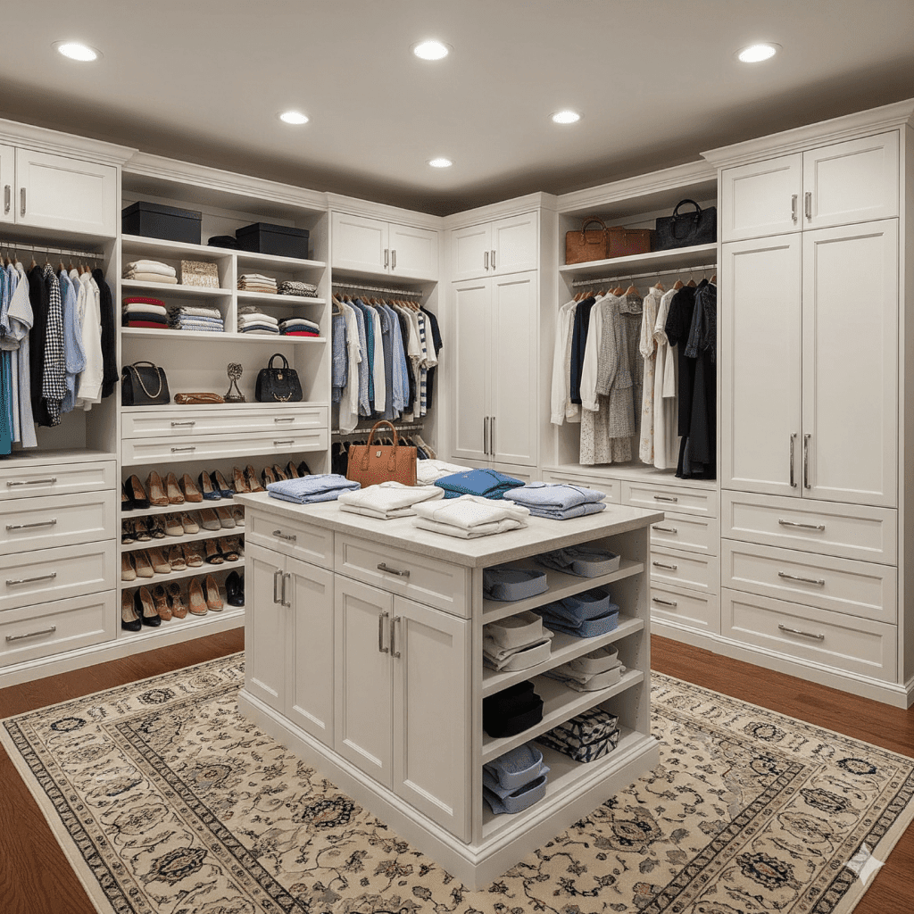Elegant walk-in closet with organization.